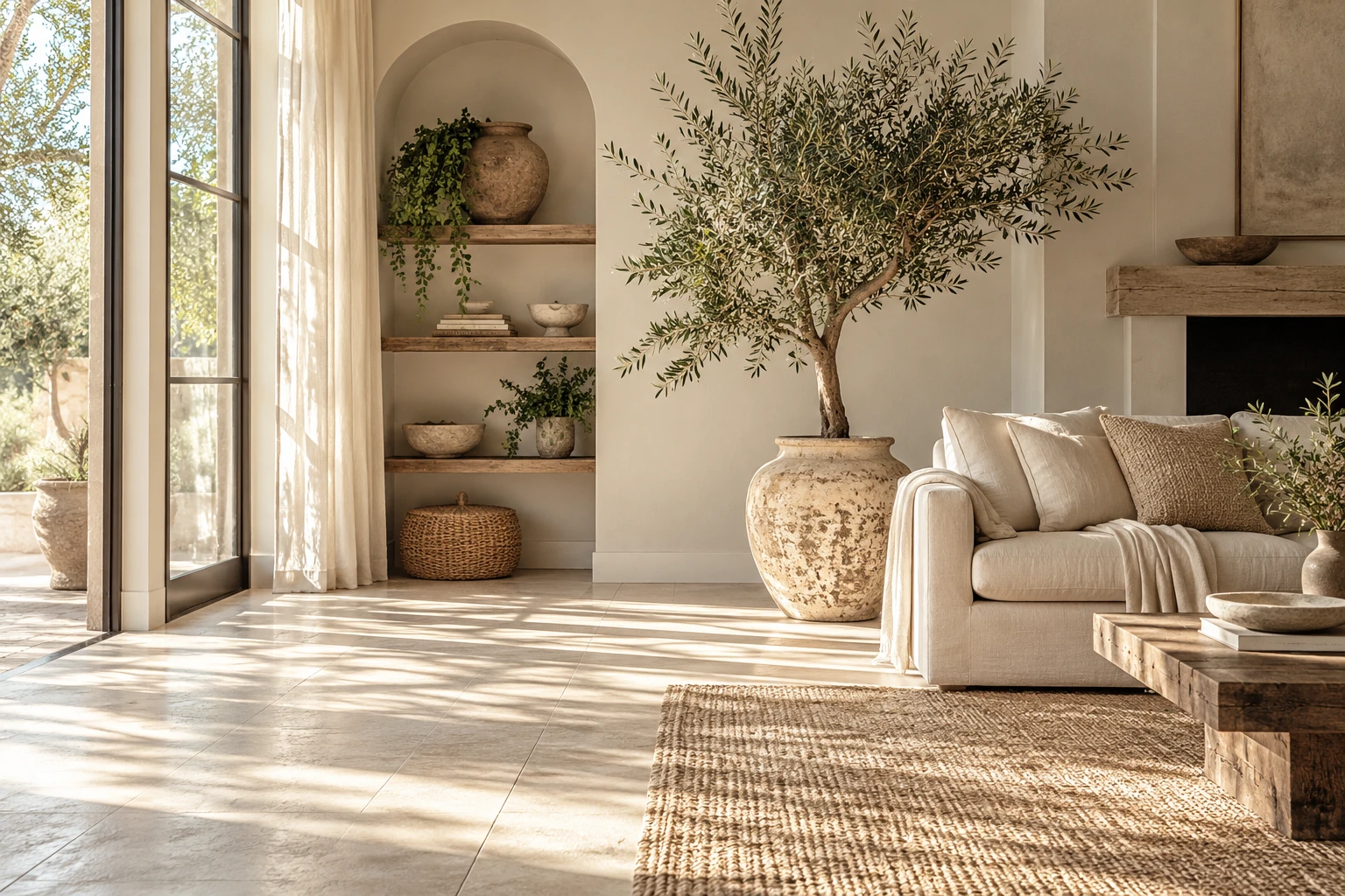Warm natural materials and a clear floor in a calm living room